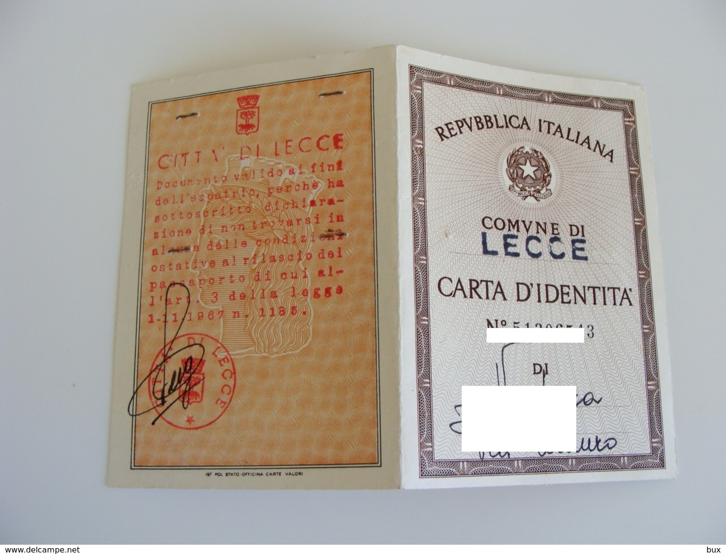 Con Foto  Anni  80    LECCE    CARTA D' IDENTITA   CON FOTO CEDULA DE IDENTIDAD Card Identity LOTTO LECCE 1 - Historical Documents