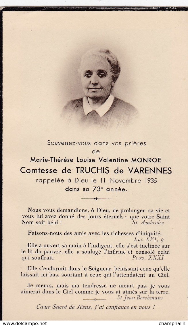 Faire-part De Décès - Mémento - Marie-Thérèse Monroe Comtesse De Truchis De Varennes (71) - Décédée En 1935 - Décès