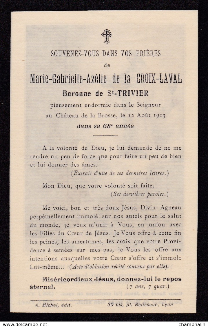 Faire-part De Décès - Mémento - Marie-Gabrielle-Azélie De La Croix-Laval Baronne De Saint-Trivier (01) - Décédée En 1913 - Décès