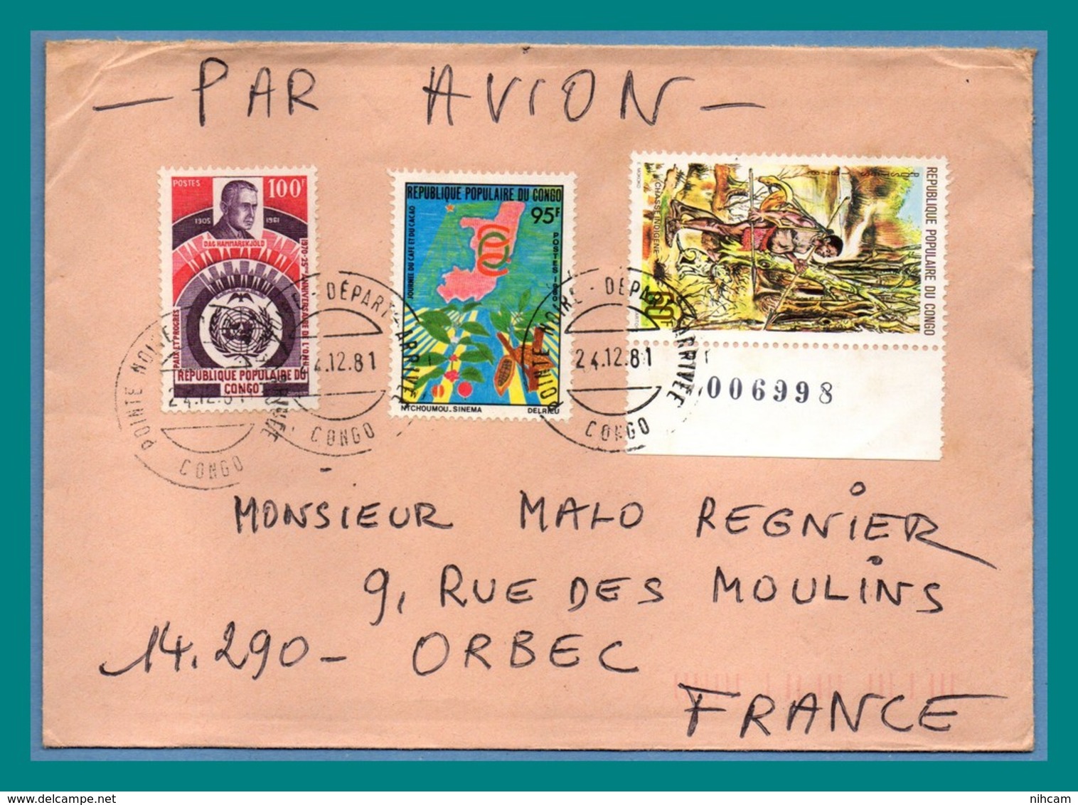 Lettre Congo TP ONU Chasse ...1981 > France Orbec - Gebraucht