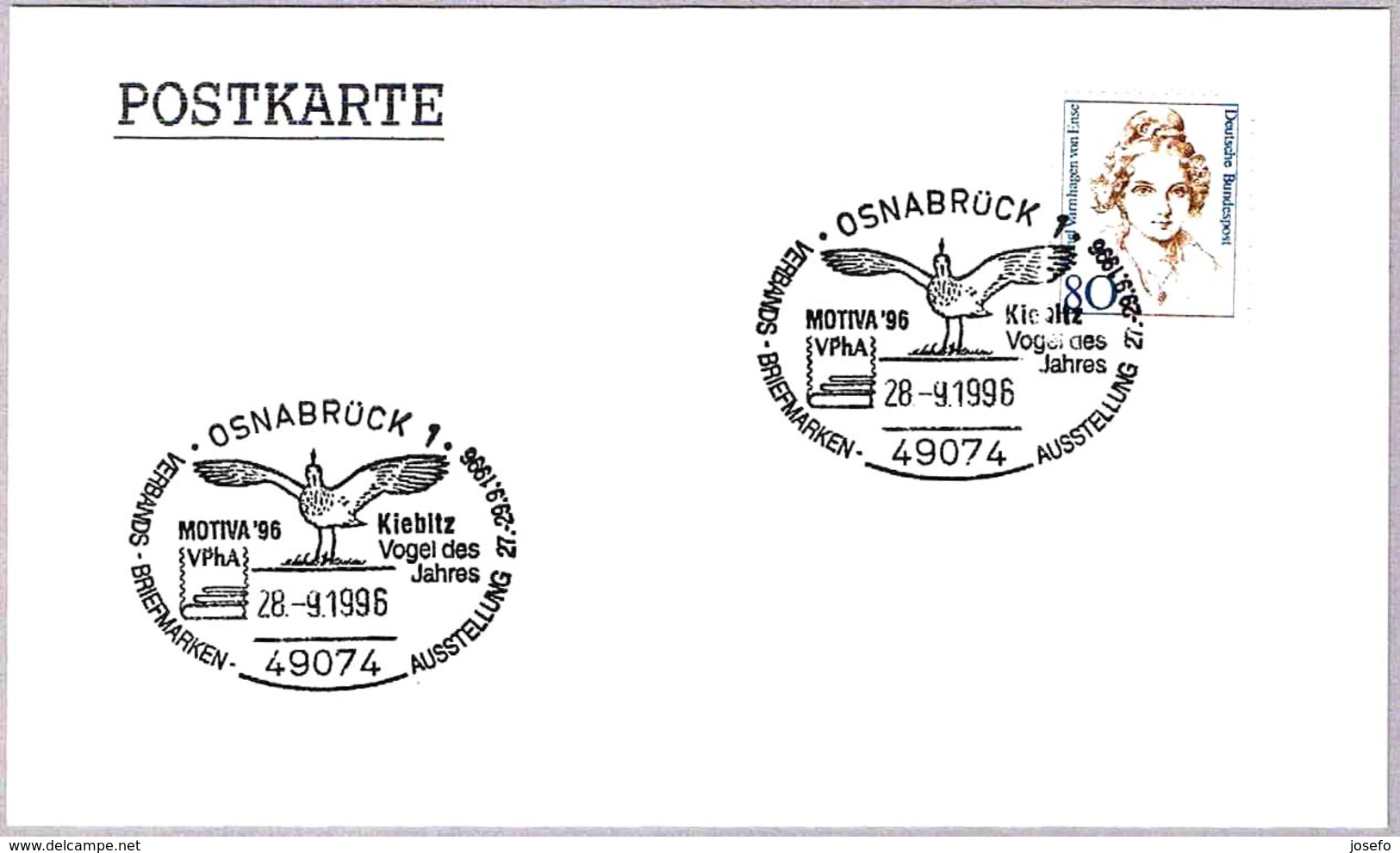 AVEFRIA - NORTHEN LAPWING - KIEBITZ - Vanellus Vanellus. Osnabruck 1996 - Oblitérations & Flammes