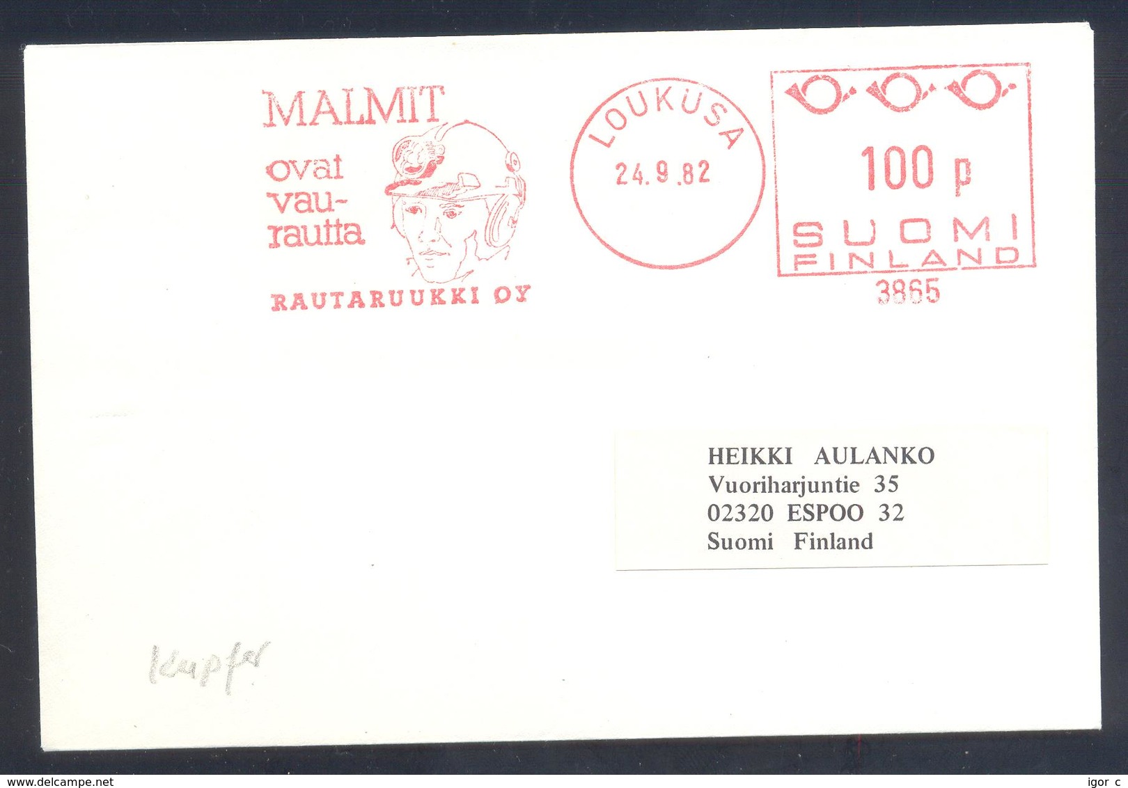 Finland 1982 Cover: Minerals Mineralien Mineraux; Mining Bergbau; Kupfer Copper Meter EMA Freistempel - Minerali