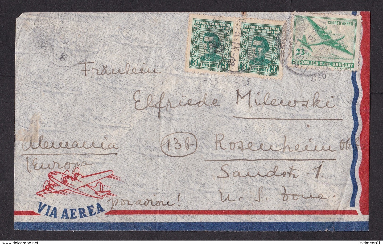 Uruguay: Airmail Cover To Germany, 1948, 3 Stamps, Airplane (minor Damage) - Uruguay