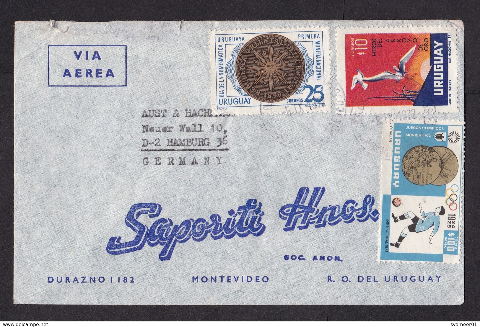 Uruguay: Airmail Cover To Germany, 1972, 3 Stamps, Olympics, Soccer, Medal, Coin, Money, Currency, Bird (minor Damage) - Uruguay