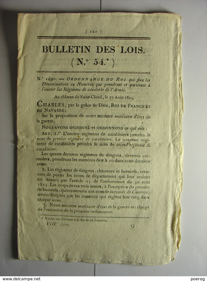 BULLETIN DE LOIS N°54 De 1825 - REGIMENTS CAVALERIE ARMEE - - Wetten & Decreten