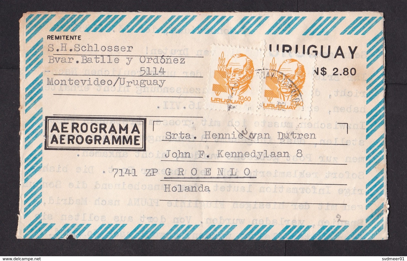 Uruguay: Stationery Aerogramme To Netherlands, 1982, 2 Extra Stamps, Air Letter, Rare Real Use! (minor Discolouring) - Uruguay