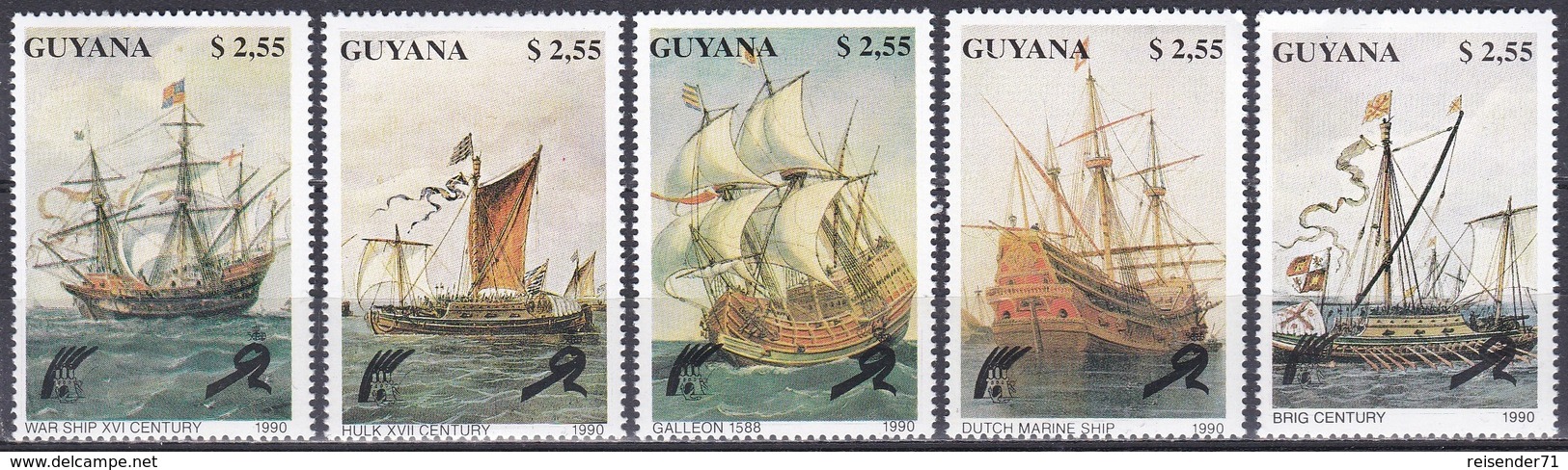 Guyana 1990 Transport Schiffe Ships Segelschiffe Sailships Galeone Brigg Hulk Marine Marines Kriegsschiff, Mi. 3292-6 ** - Guyane (1966-...)