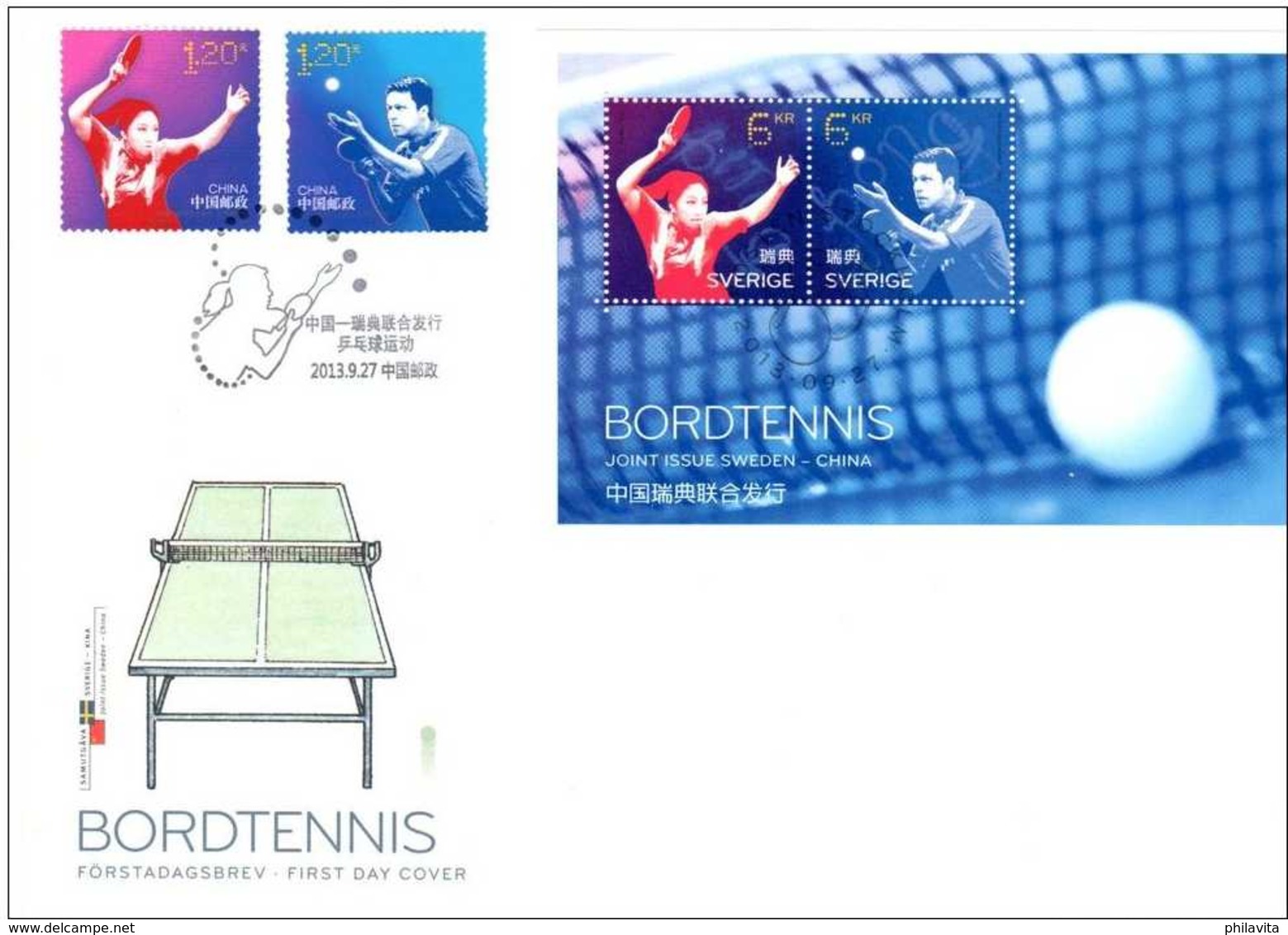 2013 Table Tennis - Joint Issue Of Sweden And China - Mixed Cover Of Both Issues - Table For Tennis, Players, Falgs, - Gemeinschaftsausgaben