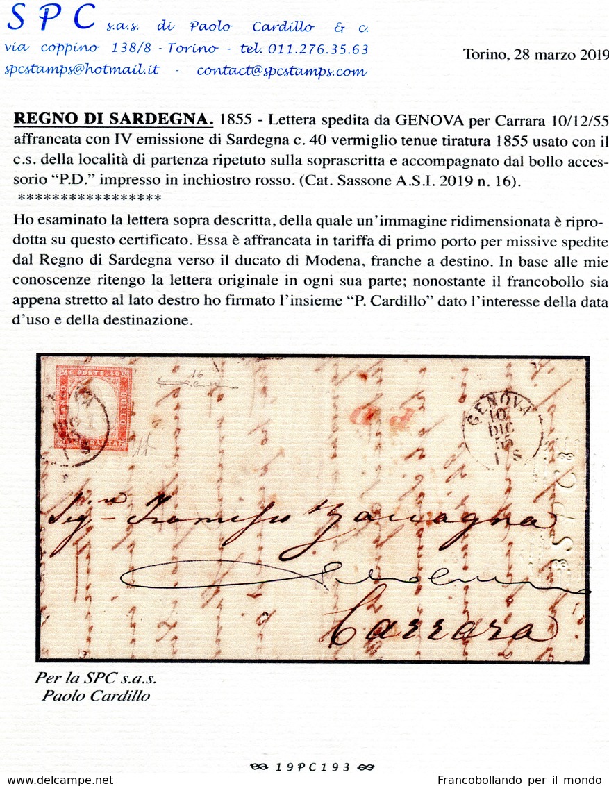 ANTICHI STATI ITALIANI IV SARDEGNA Lettera Con 40c Vermiglio Tenue (tinta Del 1855 ) Uso Isolato Certificato Cardillo - Sardaigne