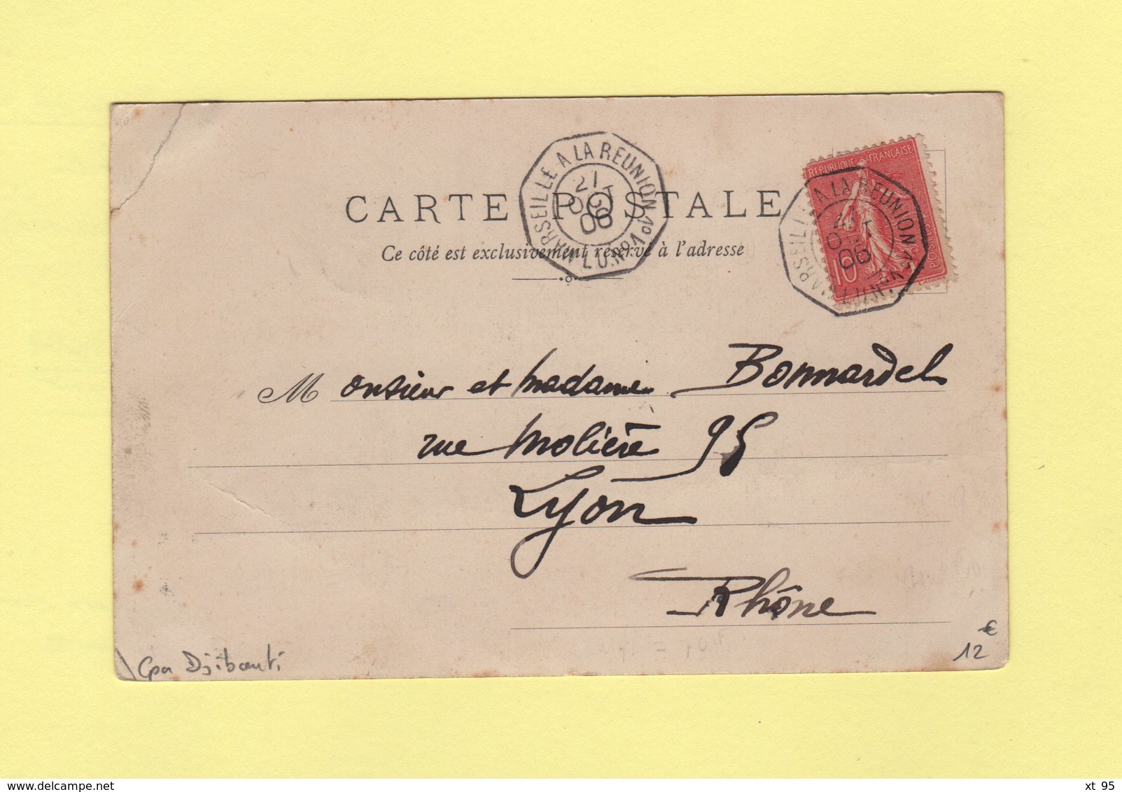 Marseille A La Reunion Ligne U N°1 - 27 Oct 1906 - Cpa De Djibouti - Type Semeuse - Maritime Post