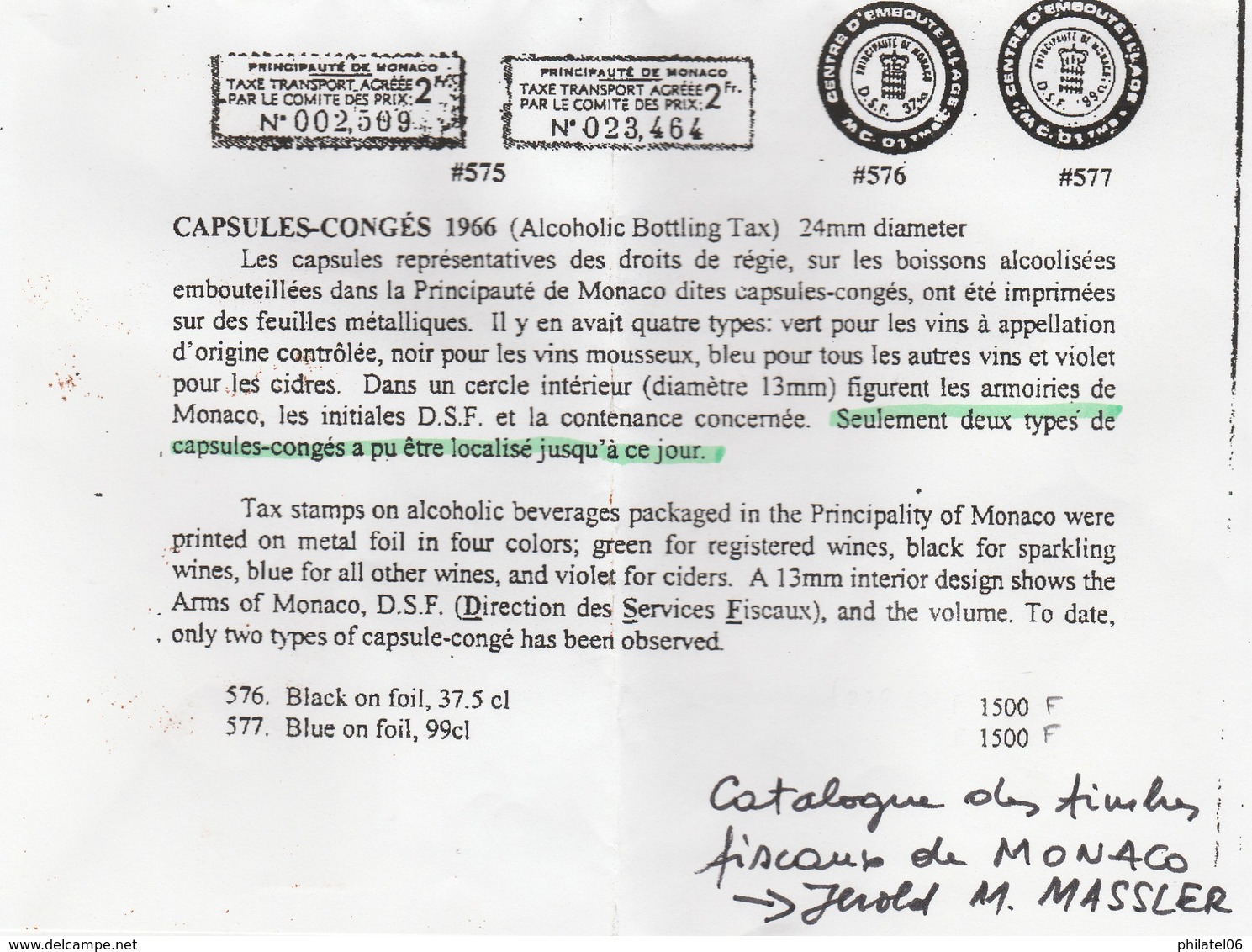 MONACO RARES CAPSULES-CONGES  TTB ETAT  2 EXEMPLAIRES PARMI LES PLUS RARES  COTE: 3000 FF (450 EUROS) EN 1990 - Fiscale Zegels