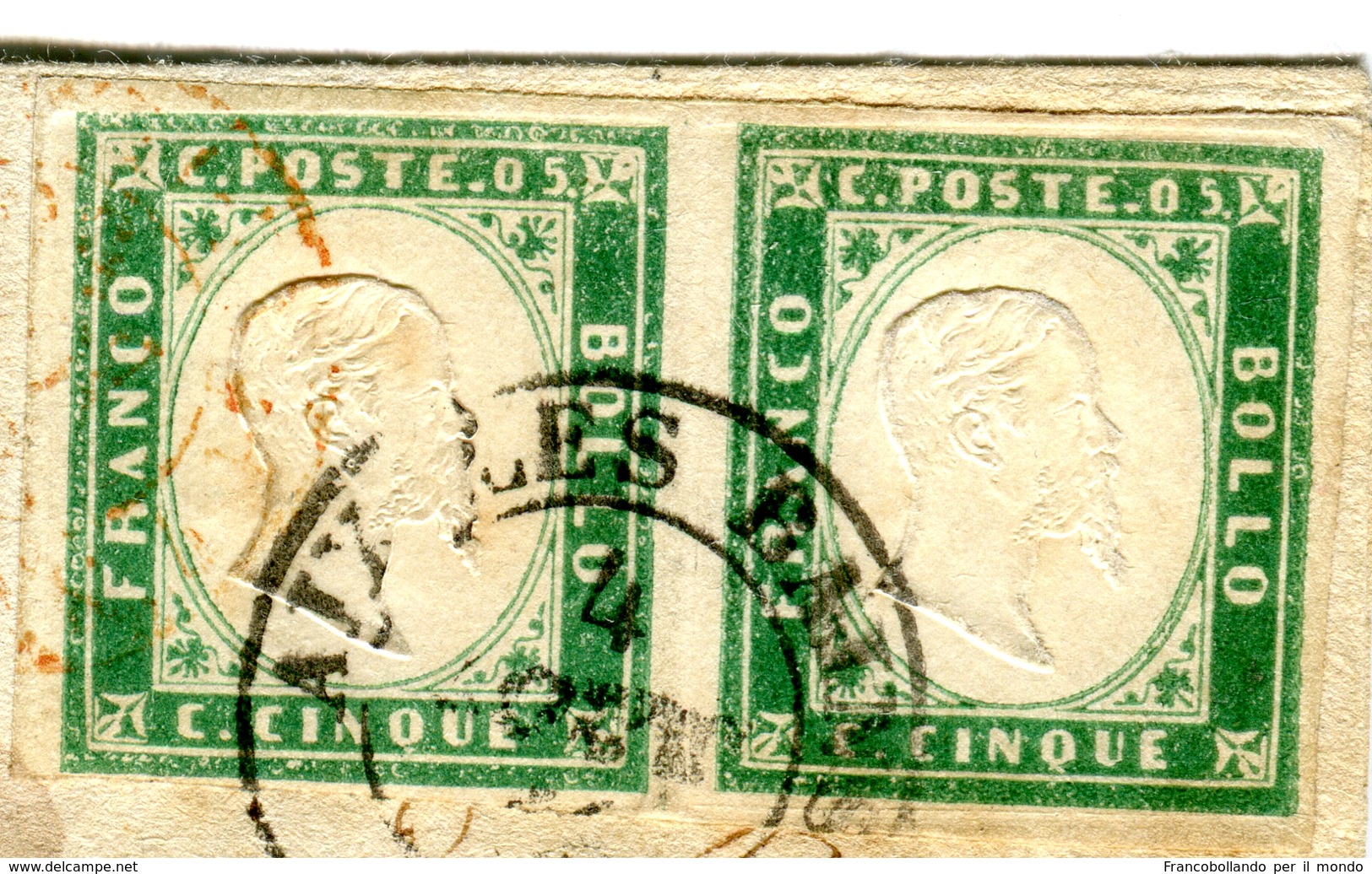 ANTICHI STATI IV SARDEGNA Lettera  COPPIA 5c Verde Smeraldo (rara Coppia) 40c Vermiglio Tenue Certificato BOTTACCHI 1856 - Sardinia