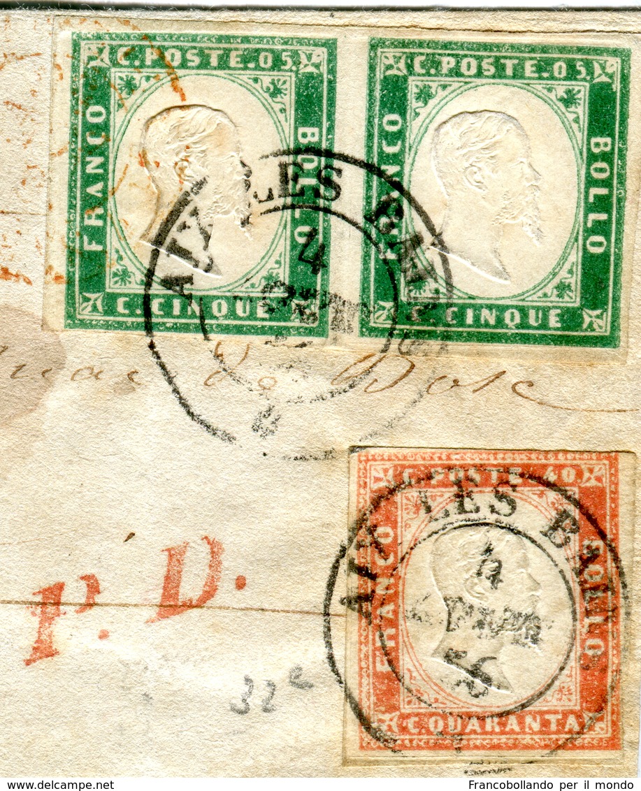ANTICHI STATI IV SARDEGNA Lettera  COPPIA 5c Verde Smeraldo (rara Coppia) 40c Vermiglio Tenue Certificato BOTTACCHI 1856 - Sardinia