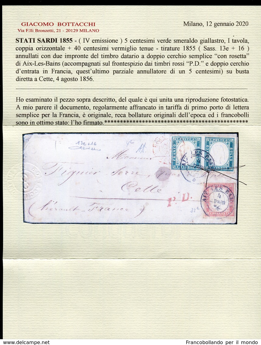 ANTICHI STATI IV SARDEGNA Lettera  COPPIA 5c verde smeraldo (rara coppia) 40c vermiglio tenue certificato BOTTACCHI 1856