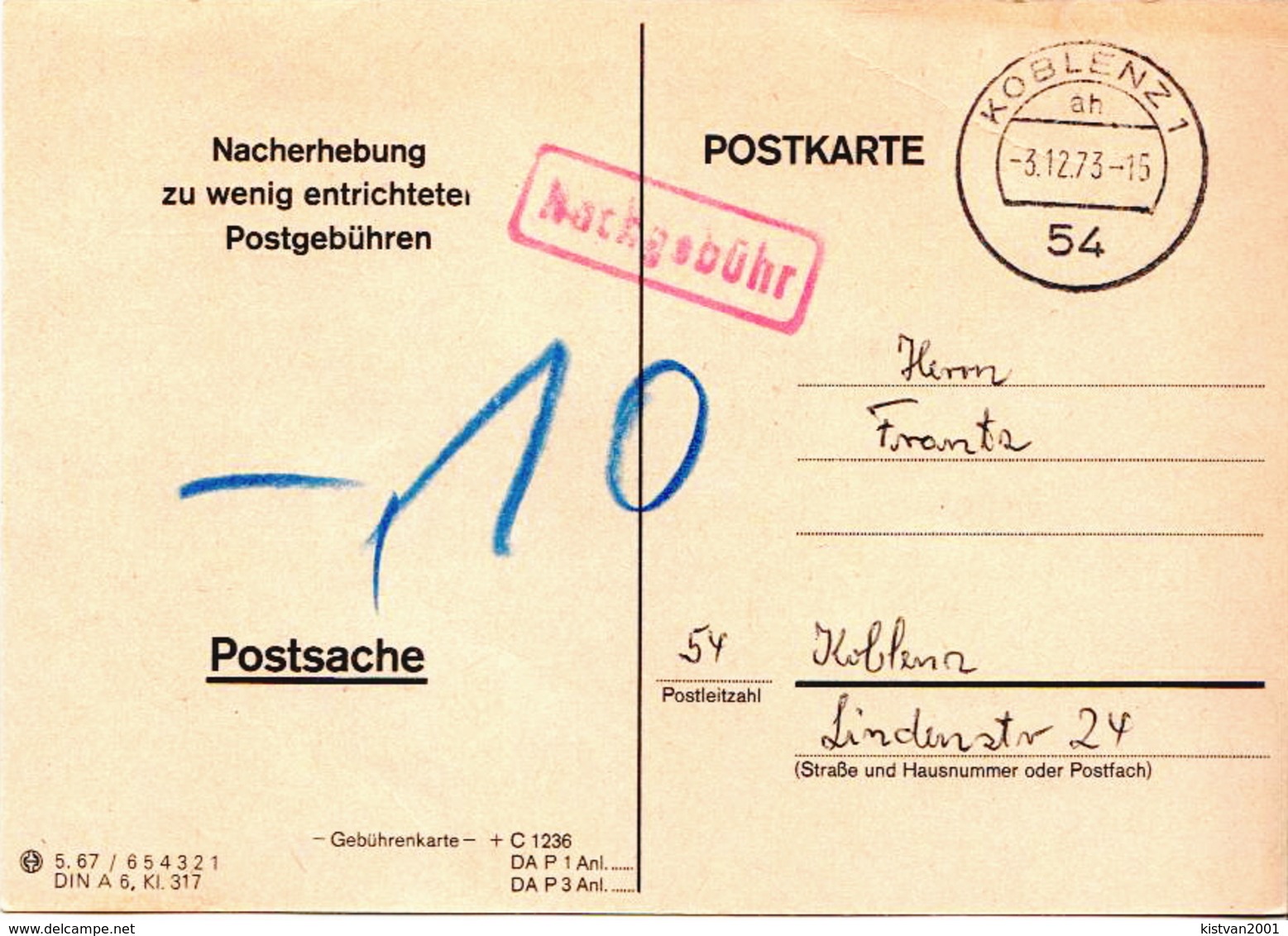Postal History: Germany Postcard From 1973 Koblenz Cancel Only, No Stamp - Covers & Documents