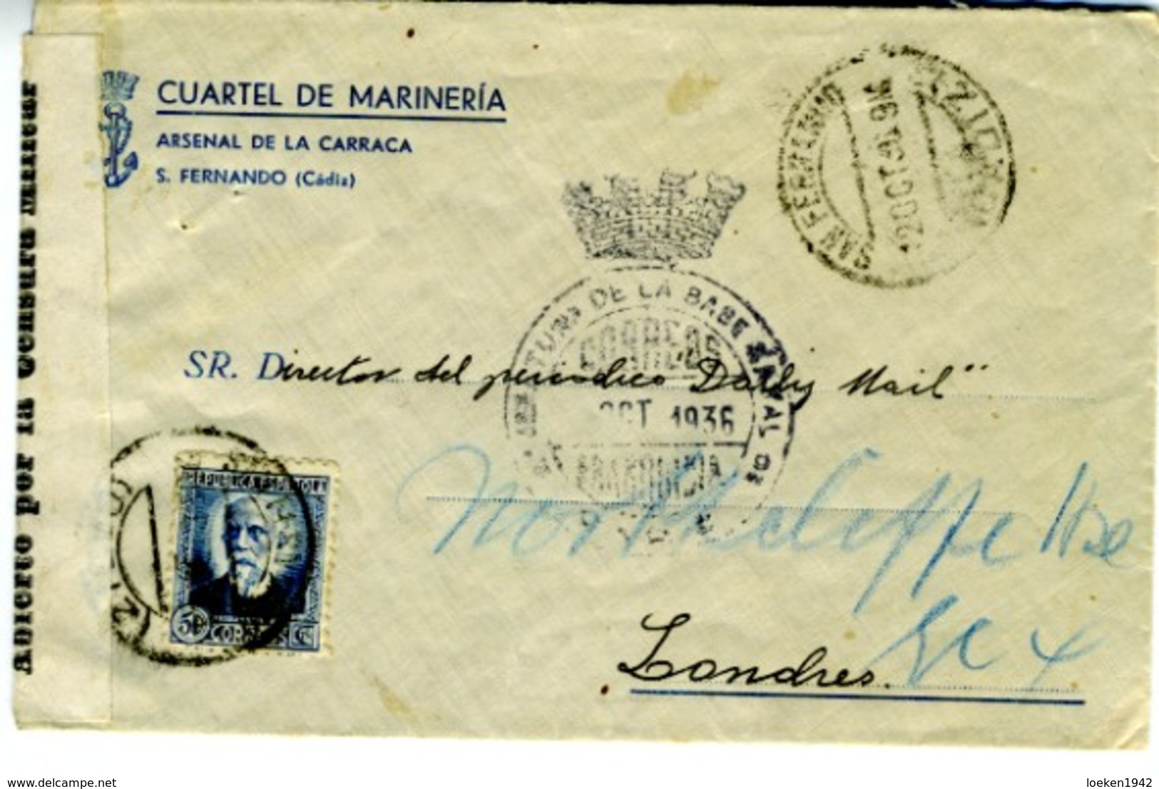 1936 GUERRA CIVIL  SAN FERNANDO JEFATURA DE BASE NAVAL CENSURA S32.1  ELA54 - Marques De Censures Nationalistes