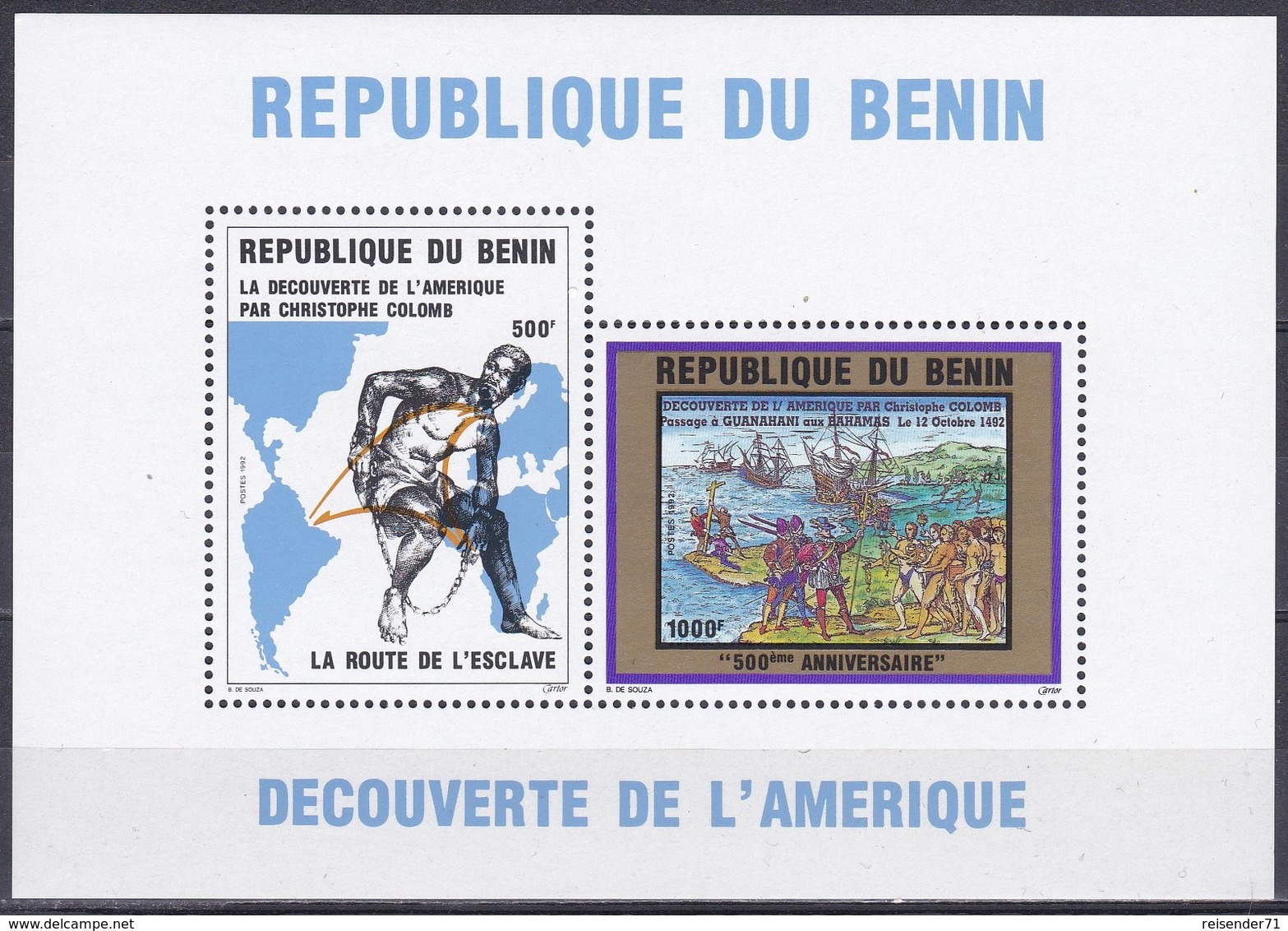 Benin Dahomey 1992 Geschichte History Entdeckungen Discovery Kolumbus Columbus Sklaven Slaves Guanahani, Bl. 7 ** - Bénin – Dahomey (1960-...)