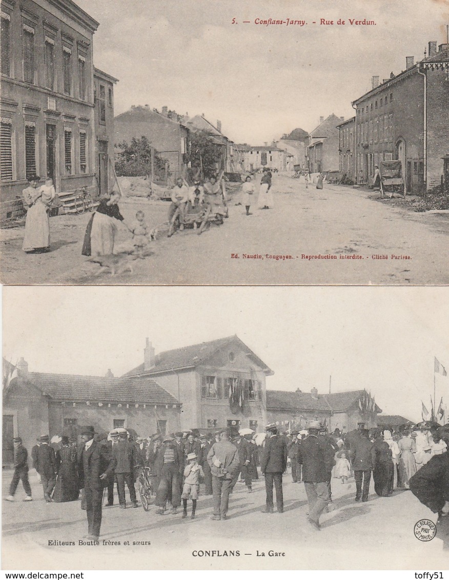 2 CPA:CONFLANS (54) PERSONNES DEVANT LA GARE,CONFLANS JARNY RUE DE VERDUN ANIMÉE - Autres & Non Classés