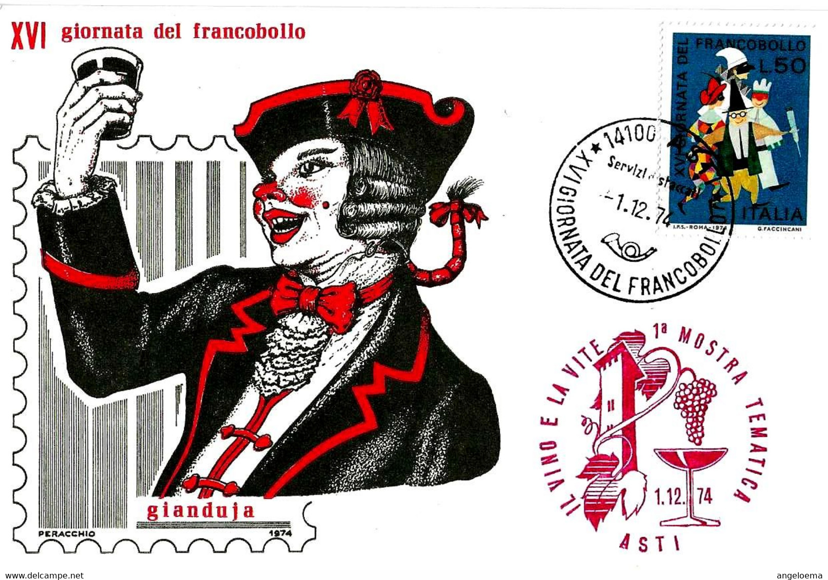 ITALIA - 1974 ASTI 16^ Giornata Francobollo 2 Annulli (Filatelico, Serv.distaccati) +timbro Rosso Mostra Vite Vino - 357 - Wines & Alcohols