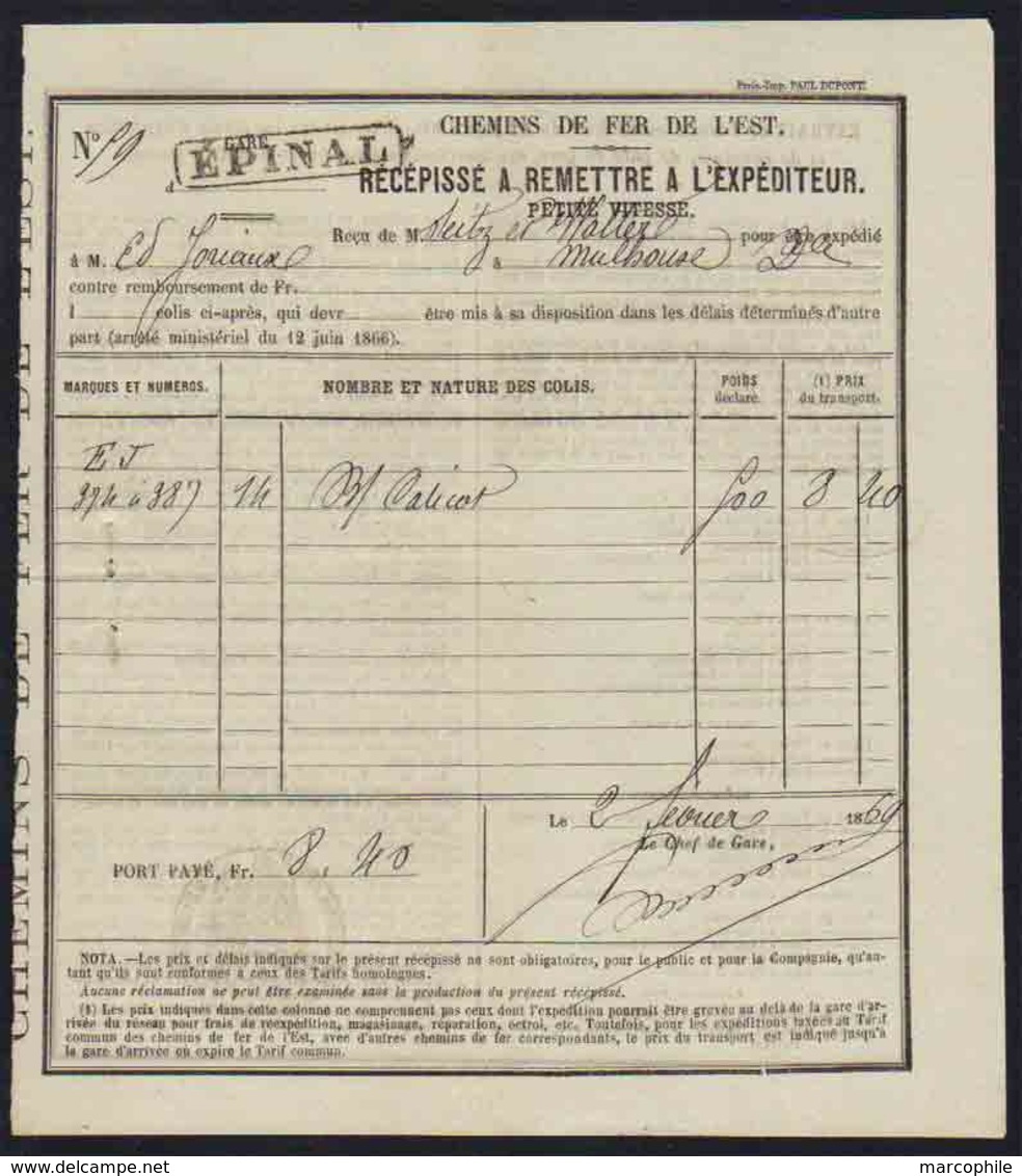 EPINAL - CHEMINS DE FER DE L EST - MULHOUSE / 1869 BORDEREAU "PETITE VITESSE" & FISCAL (ref VE 67) - Verkehr & Transport