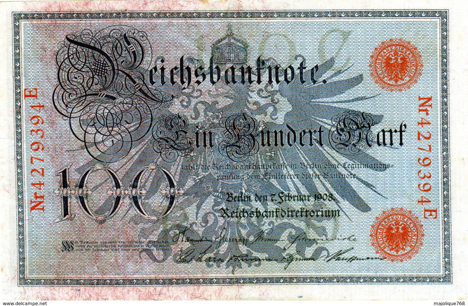 Billet Allemand De 100 Mark Du 7-2-1908 Chiffres Rouge De 29 Mm De Long Neuf N°4279394 E - 100 Mark