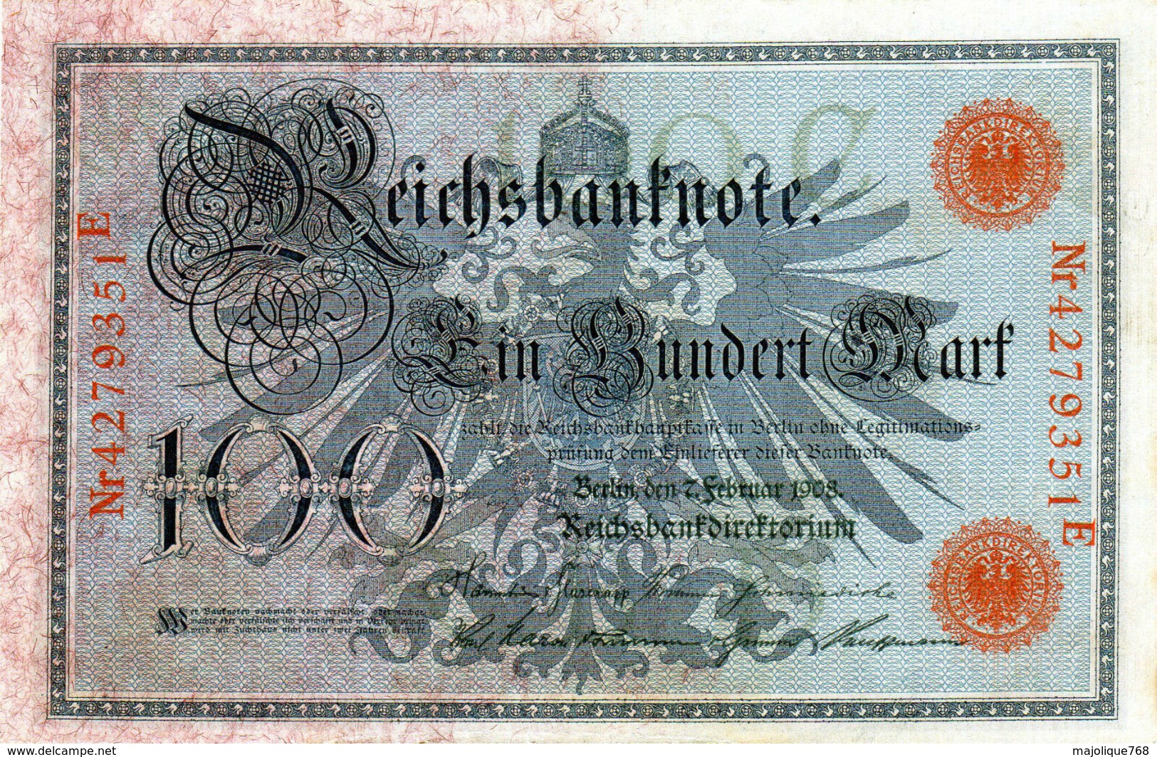 Billet Allemand De 100 Mark Du 7-2-1908 Chiffres Rouge De 29 Mm De Long Neuf N°4279351 E - 100 Mark