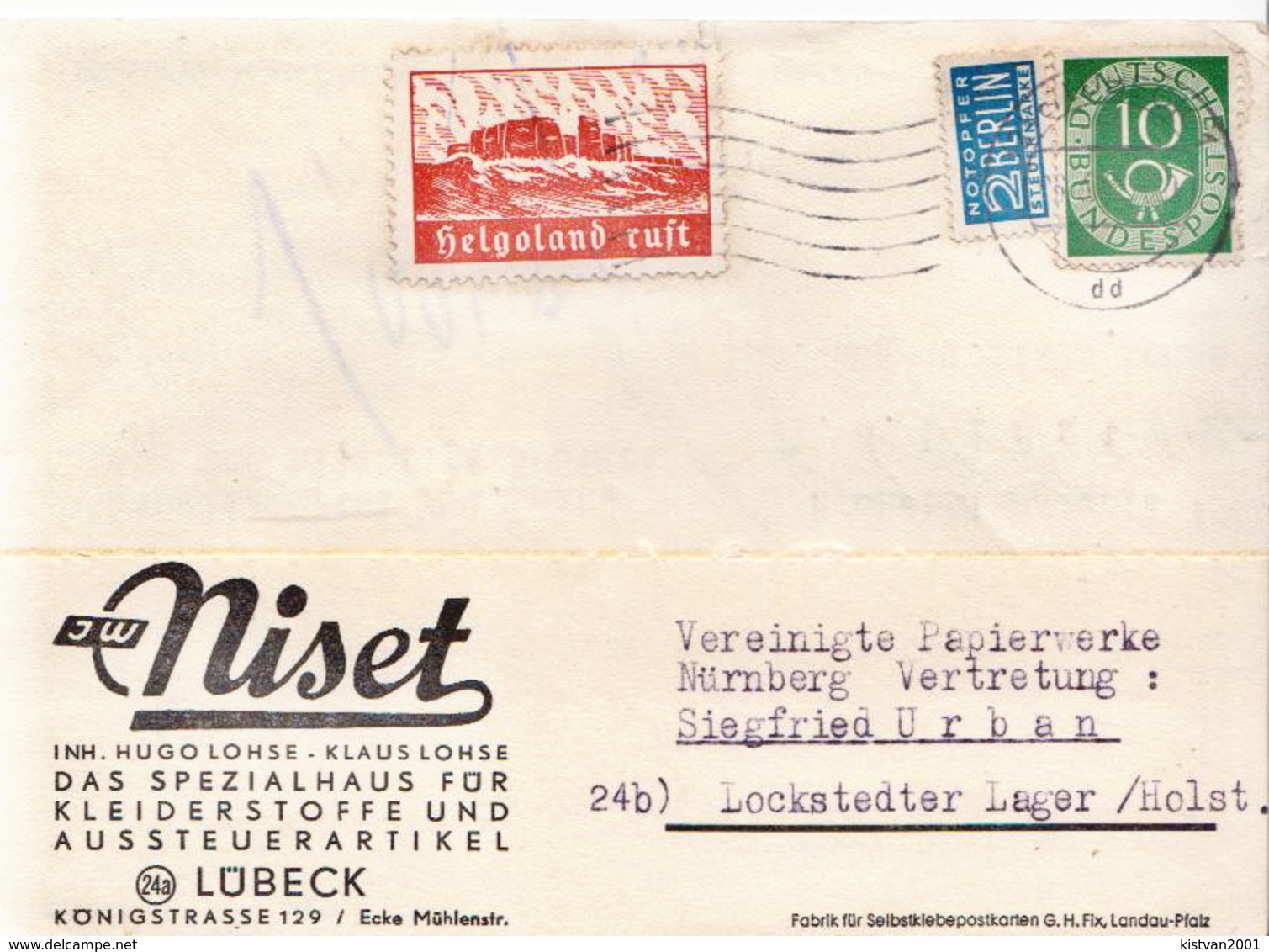 Postal History: Germany Cover From 1952 With Helgolan Ruft Label - Covers & Documents