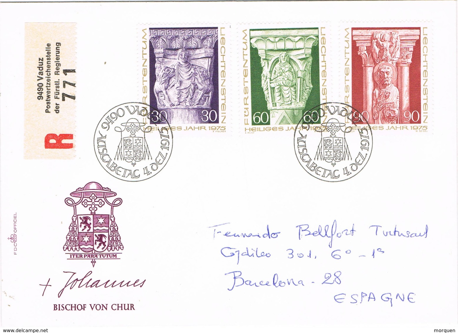 32565. Carta Certificada VADUZ (Liechtenstein) 1975 To Espagne. Heiliges Jahr - Cartas & Documentos