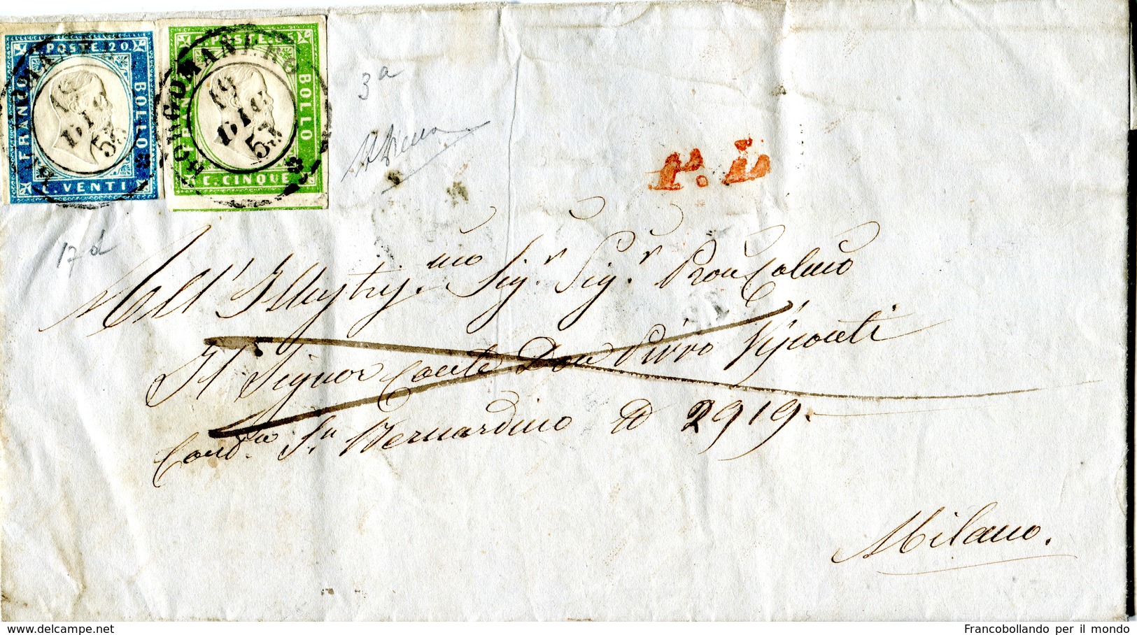 ANTICHI STATI IV SARDEGNA Missiva RARA  Con 5c Verde Giallo + 20c Celeste  Certificato Cardillo 1855 Tinte Rare - Sardegna