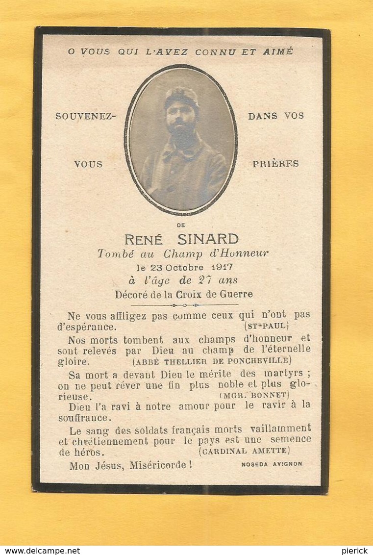 FAIRE PART DECES  SOLDAT POILU  MILITAIRE REGIMENT  WWI 22 EME RI INFANTERIE SINARD 23 OCTOBRE 1917 - Documents