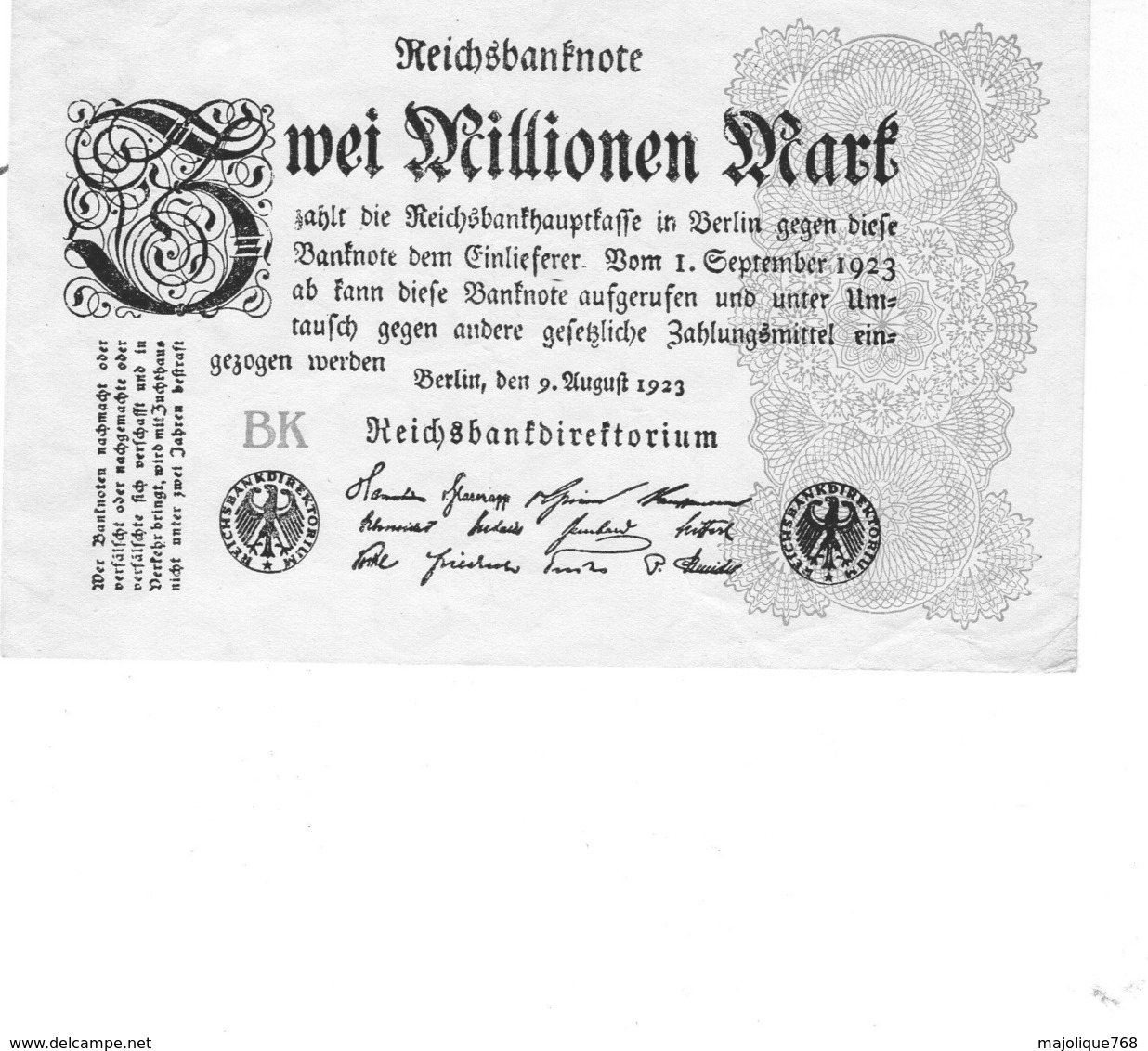 Billet Allemand De 1 Million Mark Le 9 Août 1923 Uni Face En T T B - Lettre B K - 1 Million Mark