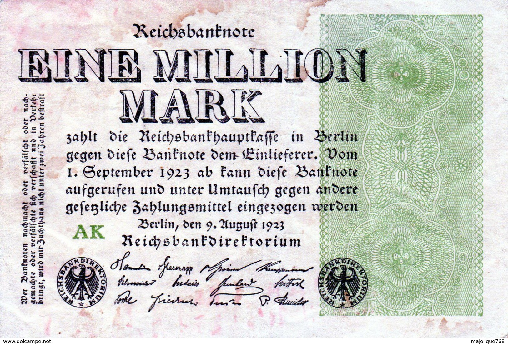 Billet Allemand De 1 Million Mark Le 9 Août 1923 Uni Face En T T B - Lettre A K - 1 Million Mark