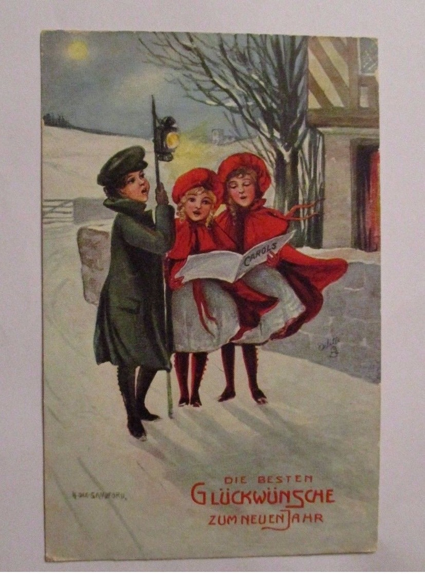 "Neujahr, Nachtwächter, Kinder, Singen" 1908, Oilette ♥   - Neujahr