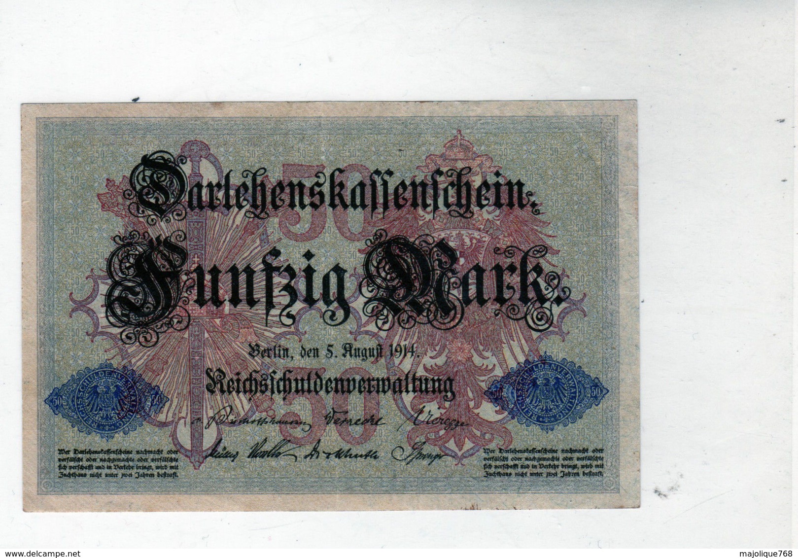 Billet Allemand De 50 Mark Le 5-1 Août-1914 - 7 Chiffres En T T B - - 50 Mark