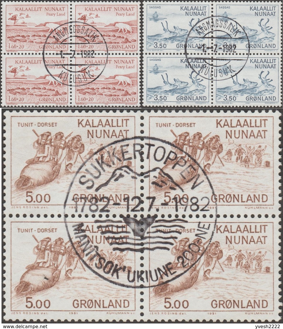 Groenland 1981 Y&T 118 à 120 En Blocs De 4. Oblitération Queue De Baleine, Expéditions Danoises, Culture Esquimaude - Used Stamps