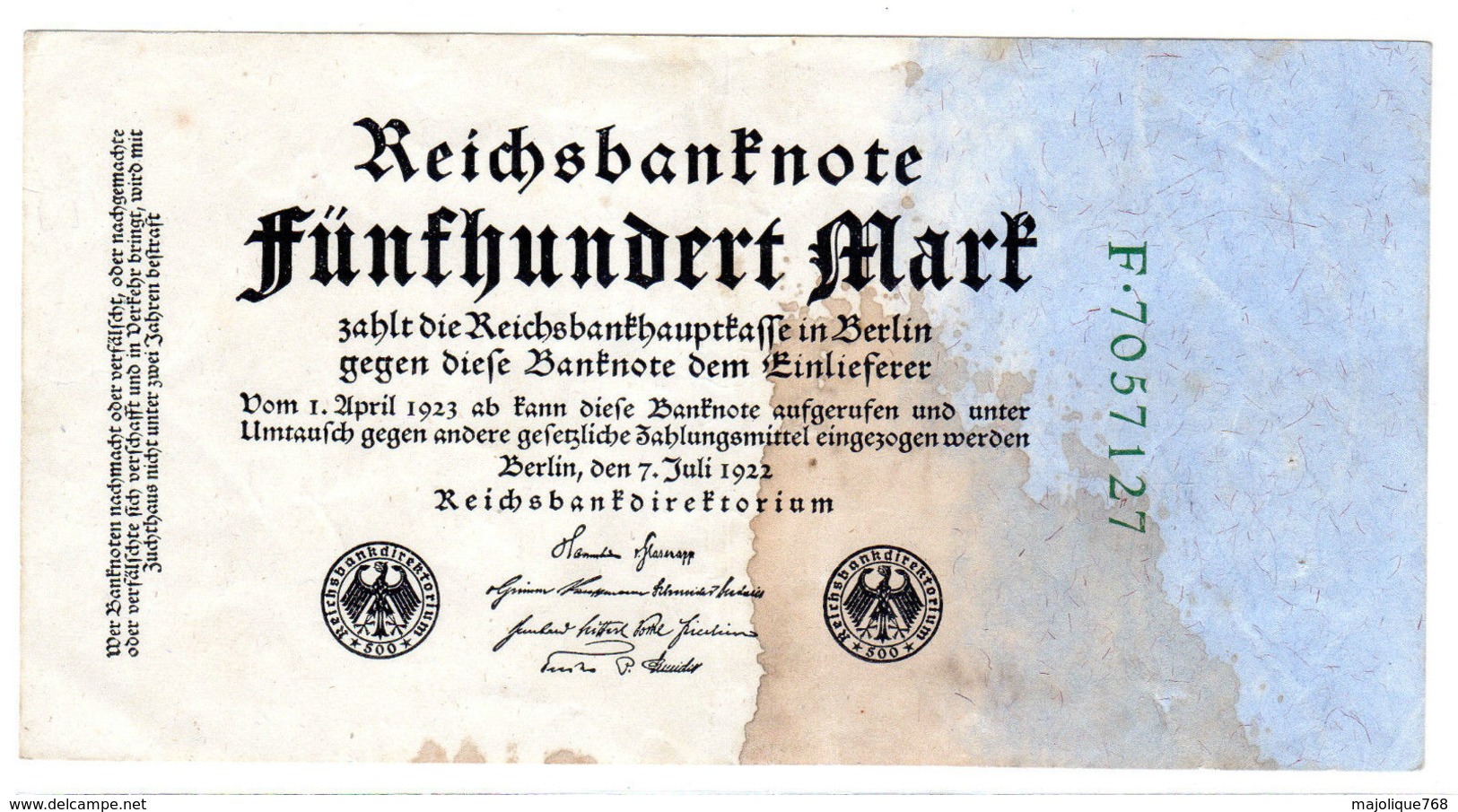 Billet Allemand De 500 Mark Le 7-7-1922 Cachet Gris 7 Chiffres En B - Taché - - 500 Mark