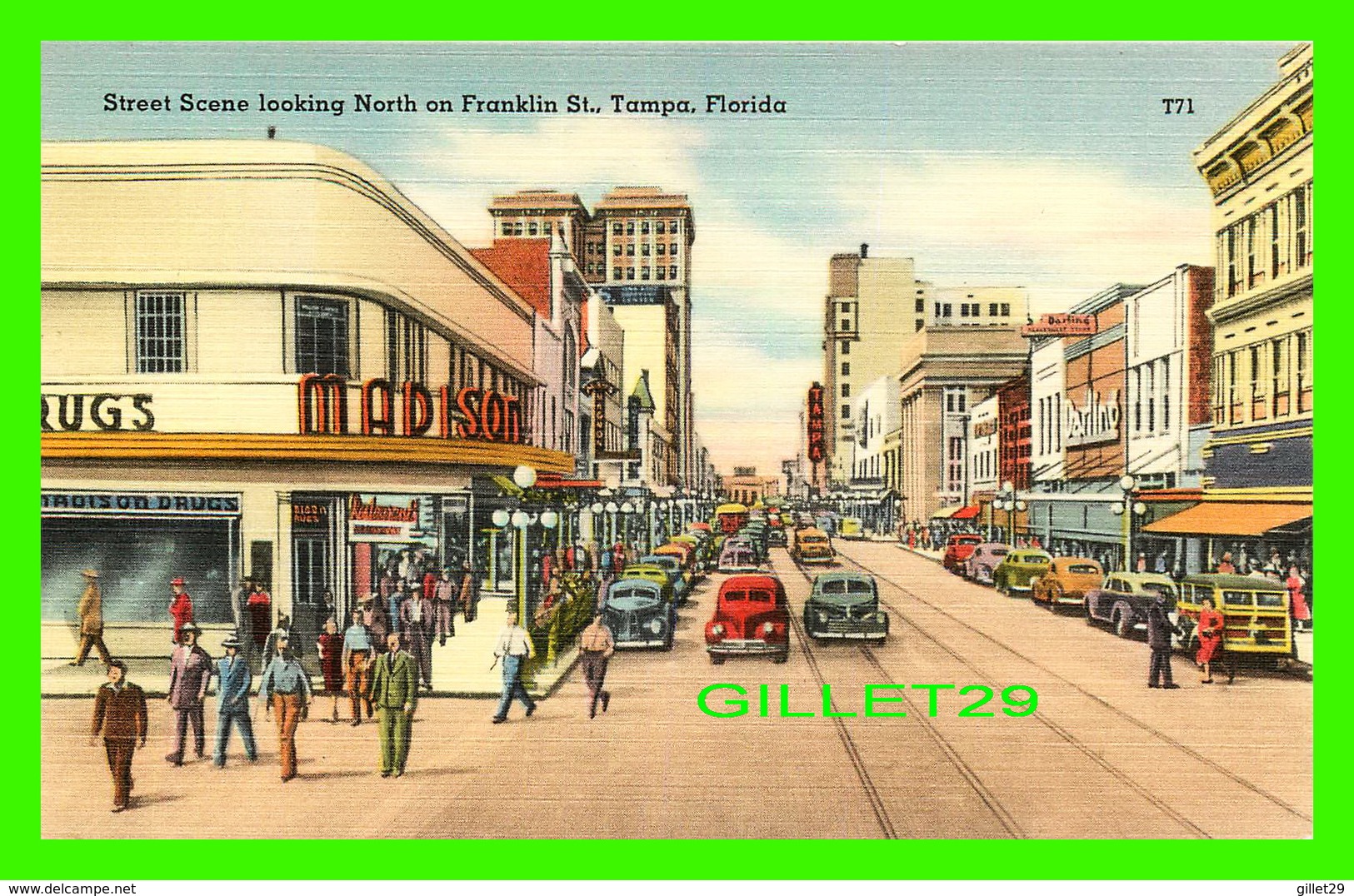 TAMPA, FL - MADISON DRUGS - STREET SCENE LOOKING NORTH ON FRANKLIN ST - ANIMATED -PEOPLES & OLD CARS - - Tampa