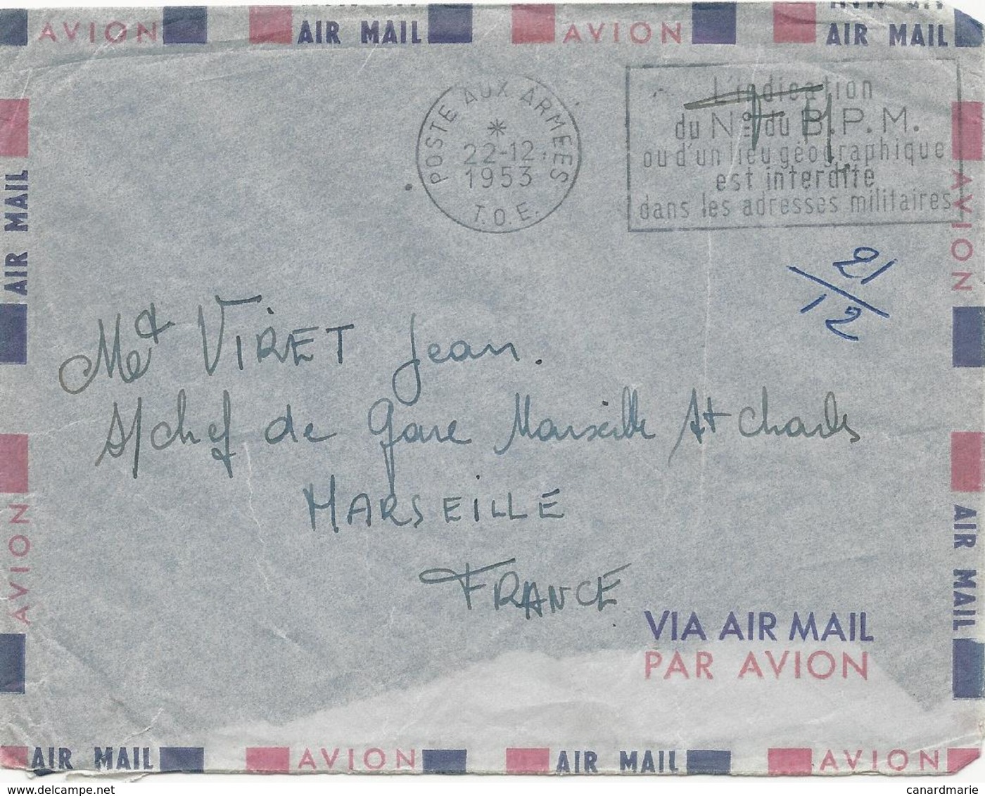 2 LETTRES PAR AVION 1952/53 AVEC CACHETS MECANIQUES POSTE AUX ARMEES T.O.E. (SAÏGON NAVAL) - Guerre D'Indochine / Viêt-Nam