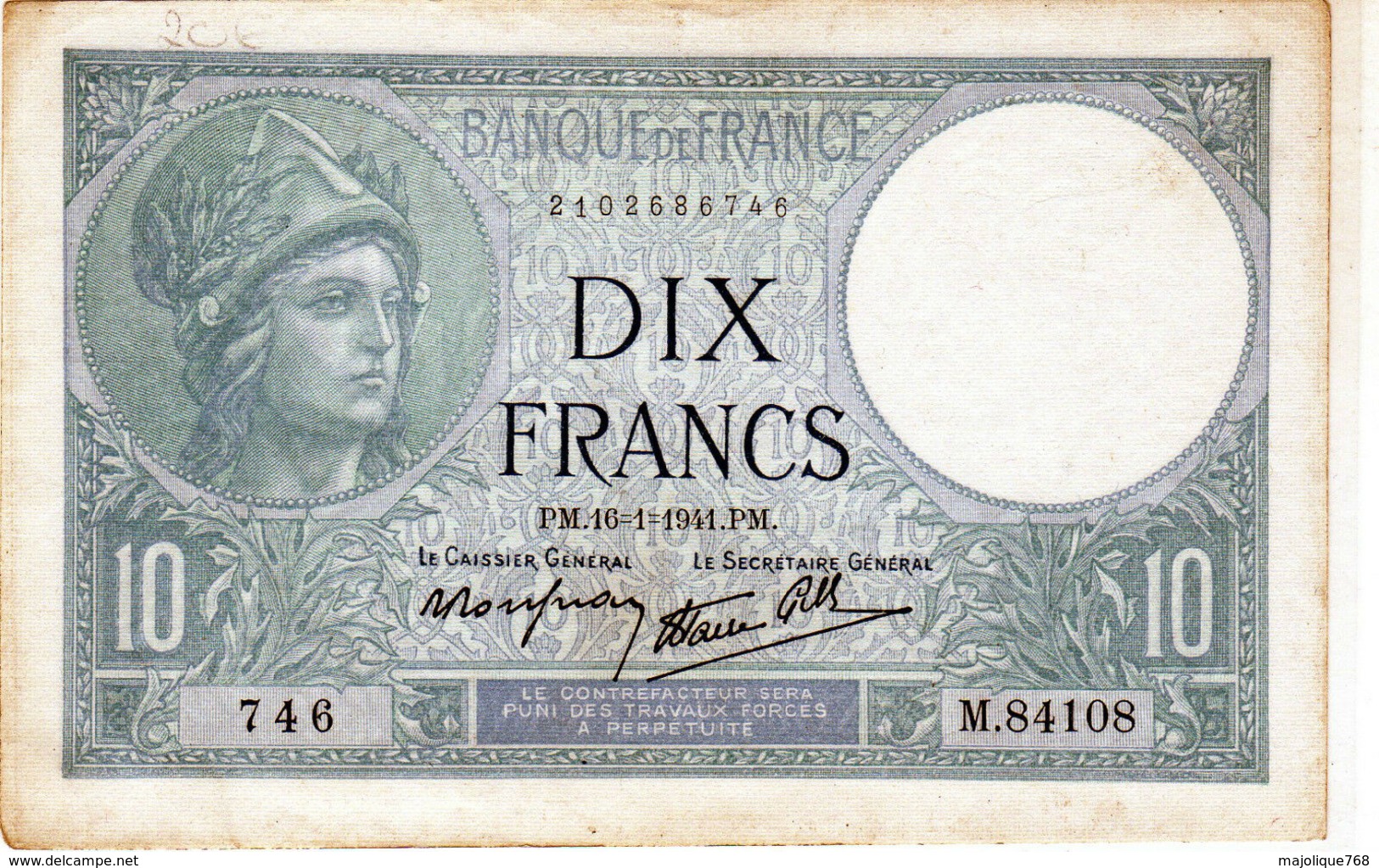 Billet De 10 Francs (minerve)"type 1915 Modifié - Le 16-1-1941 En S U P - - 10 F 1916-1942 ''Minerve''