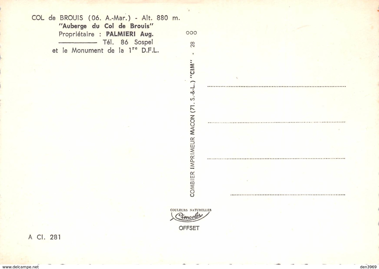 Col De BROUIS - Auberge Auguste Palmieri - Automobiles - Monument De La 1ère D.F.L. - Tél. 86 Sospel - Autres & Non Classés