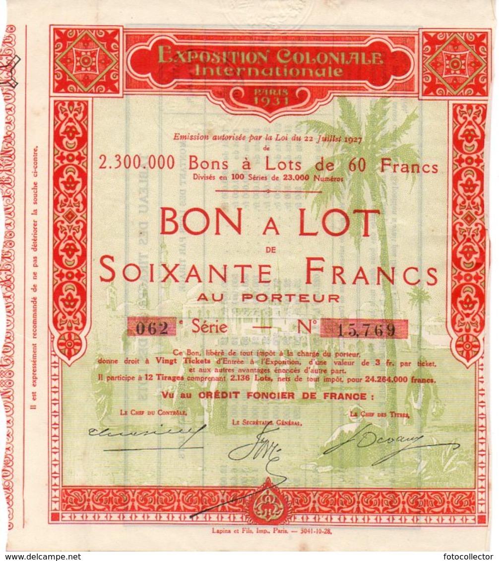 Bon à Lot Exposition Coloniale Internationale Paris 1931 - D - F