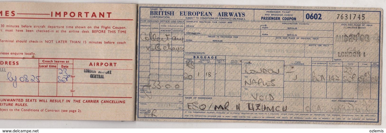 BEA BRITISH EUROPEAN  AIRLINES PASSENGER TICKET - Europe