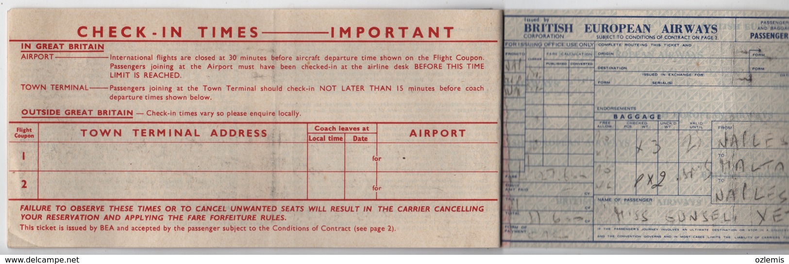 BEA BRITISH EUROPEAN  AIRLINES PASSENGER TICKET - Europa