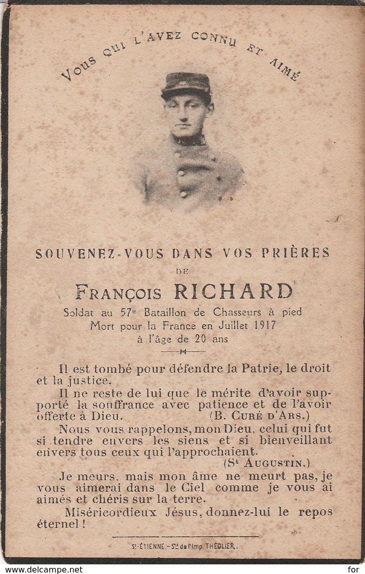 Généalogie - Faire-part De Décés - Carte Mortuaire : Soldat F. Richard - Soldat Du 57é Bat. De Chasseurs à Pied - 1917 - - Todesanzeige