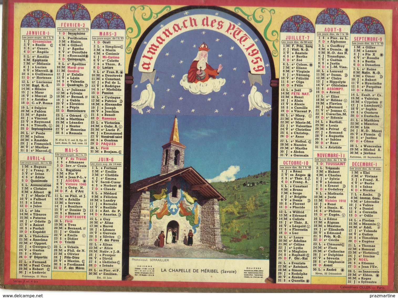 Calendrier PTT 1959 - La Chapelle De Méribel - Grand Format : 1941-60