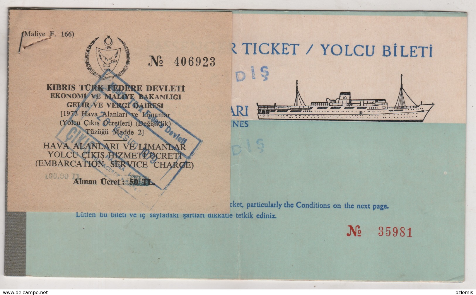 TURKISH MARITIME LINES  PASSENGER TICKET MERSIN -MAGOSA.CYPRUS (EMBARCATION SERVICE CHARGE) - Europa