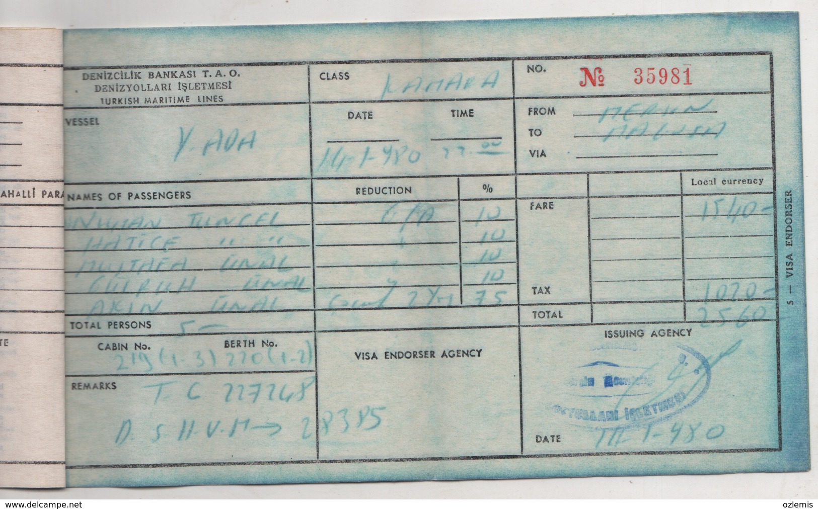 TURKISH MARITIME LINES  PASSENGER TICKET MERSIN -MAGOSA.CYPRUS (EMBARCATION SERVICE CHARGE) - Europe