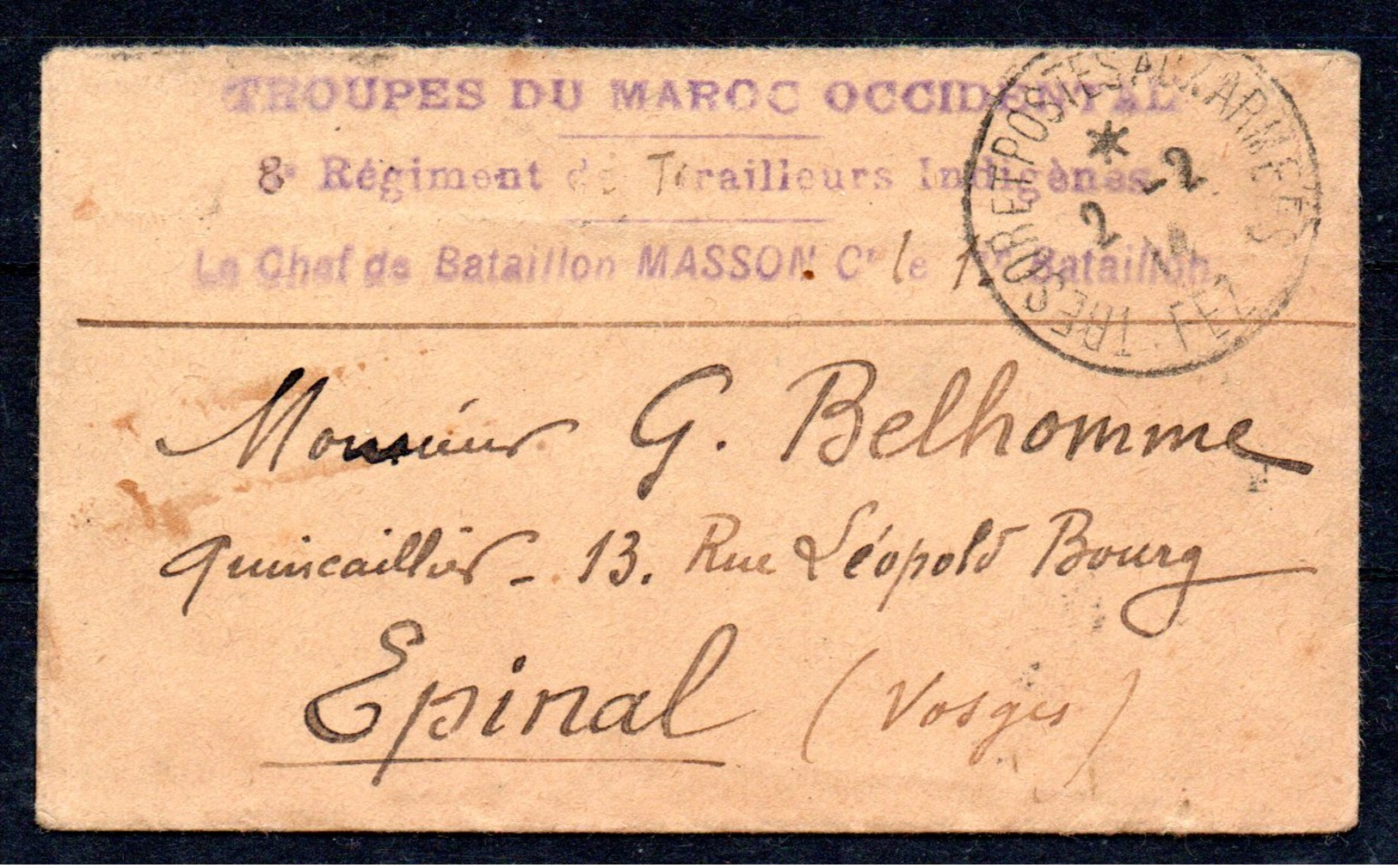 MAROC - Belle Lettre Du 8ème Régiment De Tirailleurs Indigènes - Fez à Epinal - Cachets Recto/verso - Lettres & Documents