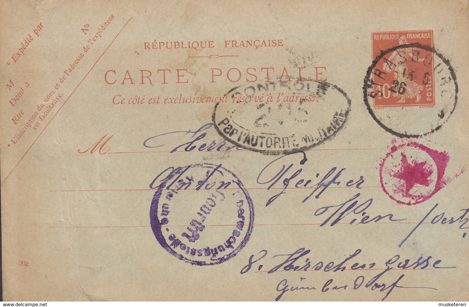 France WWI Postal Stationery Ganzsache Entier Semeuse STRASBOURG To WIEN French & Austrian Censor Censure (2 Scans) - Standard- Und TSC-Briefe (vor 1995)