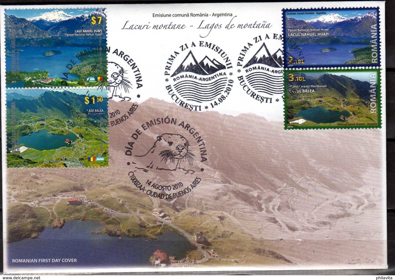 2010 Mountains Lakes - Joint Issue Of Romania And Argentina - Mixed FDC Rare -Otter On Cancelation Of Argentina - Gemeinschaftsausgaben